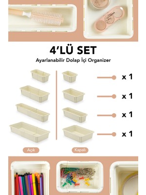Meleni Home 4'lü Uzayan Dolap Içi Düzenleyici - Çok Amaçlı Banyo Mutfak Ofis Çekmece Içi Organizer Set