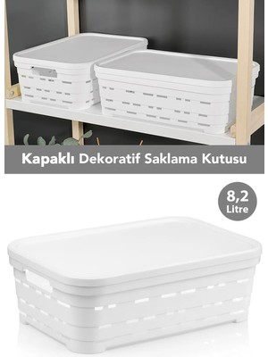 Meleni Home Kapaklı Delikli Dekoratif Piramit Saklama Kutusu - Dolap Içi Düzenleyici Organizer 8,2 Lt Beyaz