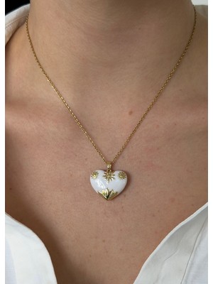 KİLİGİSTANBUL Çelik Gold Beyaz Mineli Kalp Kolye 45 cm (+5 cm Uzatma)
