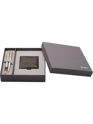 Isminize Özel Scrikss DR-202 38 Saten Altın Dolma + Tükenmez + Deri Kahve Kredi Kartlık