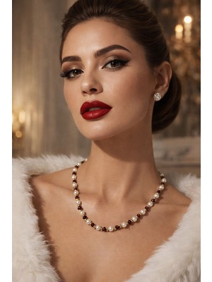 Solare Accessories Özel Seri Gerçek Inci & Bordo Kristal Taş Tasarım Kolye