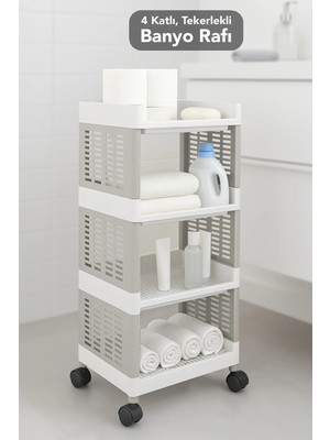 Meleni Home 4 Katlı Tekerlekli Banyo Rafı - Havluluk Deterjanlık Makyaj Organizer Düzenleyici Raf Ünitesi Gri