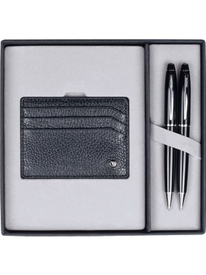 Isminize Özel Scrikss DR-209 35 Siyah Krom Tükenmez + Versatil Kalem + Deri Siyah Kredi Kartlık