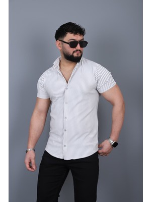 L-KOM Erkek Çizgili Örme Kısa Kollu Gömlek