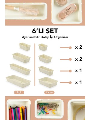 Meleni Home 6'lı Uzayan Dolap Içi Düzenleyici - Çok Amaçlı Banyo Mutfak Ofis Çekmece Içi Organizer Set