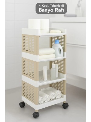 Meleni Home 4 Katlı Tekerlekli Banyo Rafı - Havluluk Deterjanlık Makyaj Organizer Düzenleyici Raf Ünitesi Bej