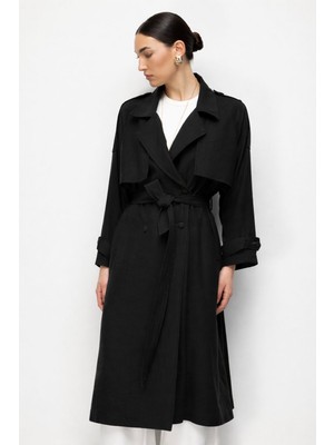 Mizalle Oversize Siyah Tencel Trençkot