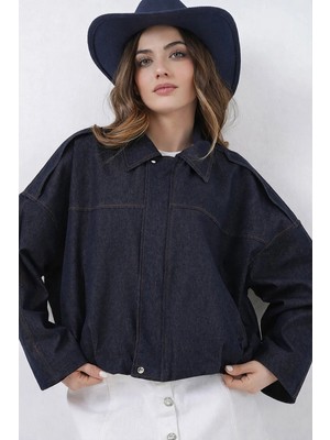 ribana Kadın Uzun Kollu Çıtçıt Fermuarlı Kapama Jean Bomber Ceket 0737