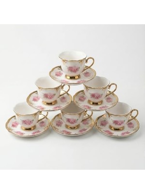 Skygo 6 Kişilik Gül Desenli Porselen Türk Kahvesi Fincan Takımı, Altın Yaldız Kenarlı ve Kıvrımlı Klasik Tasarım, 12 Parça Çiçekli Çeyizlik Sunum Seti