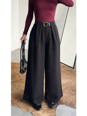 Asfa Moda Kadın Siyah Gizli Kemerli Ekstra Bol Wide Leg Pantolon Yüksek Bel