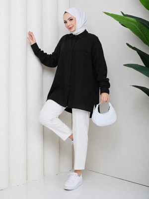 Moda Neva Kadın Cep Detaylı Muslin Kumaş Oversize Gömlek