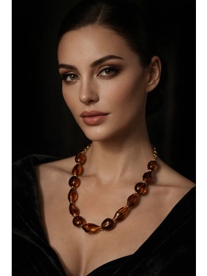 Solare Accessories Özel Seri Kahverengi Taşlı & Altın Kaplama Zincir Tasarım Kolye