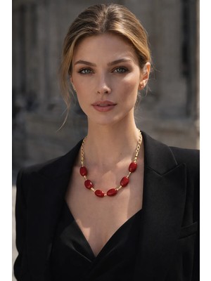 Solare Accessories Özel Seri Bordo Taşlı Altın Kaplama Detaylı Tasarım Kolye