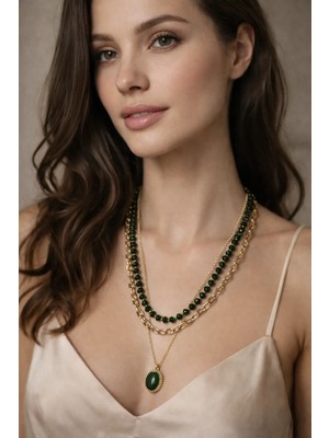 Solare Accessories Yeşil Kristal Taşlı Çoklu Kolye