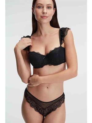 Moda Şahsenem Balenli Destekli Dolgulu Askı Detaylı Puantiyeli Dantelli Sütyen ve Slip Takım