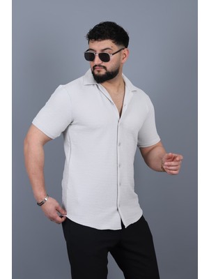 L-KOM Erkek Mars Krep Kumaş Kısa Kollu Açık Yaka Yazlık Gömlek