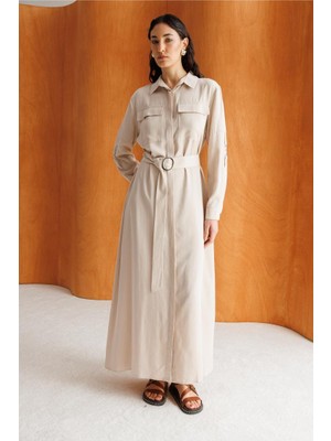 Mizalle Çift Cepli Uzun Kemerli Taş Rengi Safari Elbise