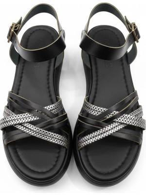 Efw %100 Deri Siyah Gümüş Detaylı Çapraz Kadın Sandalet