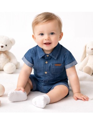 Jolly Joy Cep Detaylı Erkek Bebek Kısa Denım Tulum - Lacivert - 0 - 1 Ay Lacivert