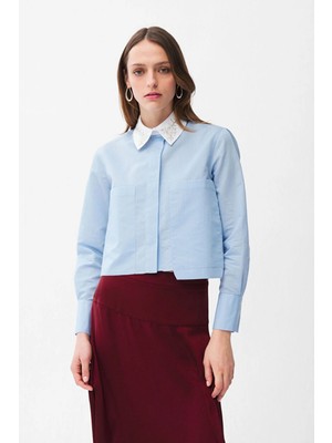 Adl Yakası Taş Detaylı Çizgili Gömlek Mavi 13046162000