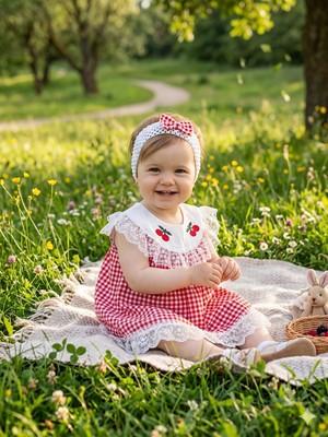 Vişne Bebe Kız Çocuk Pötikare Dantelli Bandanalı Kloş Elbise