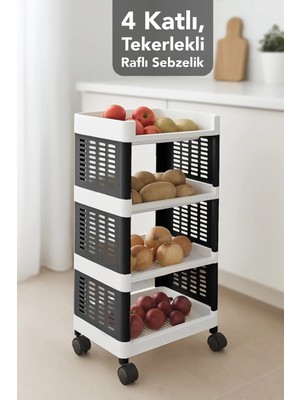 Meleni Home Tekerlekli Çok Amaçlı Mutfak Rafı - 4 Katlı Patates Soğanlık Organizer Düzenleyici Sebzelik Siyah