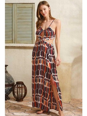 Moda Şahsenem Boyundan Bağlamalı V Yaka Kadın Viskon Geometrik Yazlık Ip Detaylı Elbise