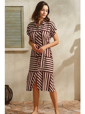 Moda Şahsenem Günlük Kısa Kol V Yaka Kadın Viskon Çizgili Yazlık Uzun Elbise