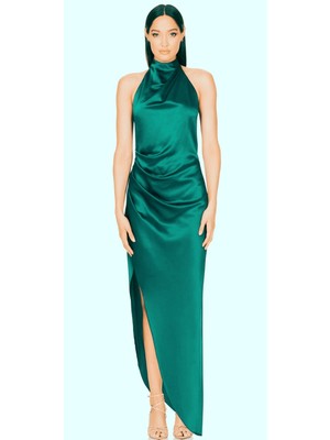 Hanife Glam Couture Hanife Glam Halter Yaka  Asetat Uzun Saten Elbise