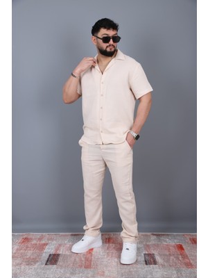 L-KOM Erkek Kısa Kollu Müslin Gömlek Pantolon Takım Pamuklu Yazlık Rahat Alt Üst Takım