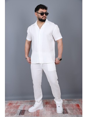 L-KOM Erkek Kısa Kollu Müslin Gömlek Pantolon Takım Pamuklu Yazlık Rahat Alt Üst Takım