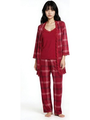 Ecrou Kadın Bordo Ekose Kadife Ip Askı Sabahlık Pantolon 3 Lü Pijama Takım