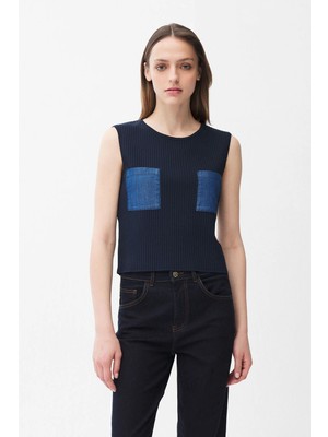 Adl Cep Denim Detaylı Triko Bluz Lacivert 11546619000