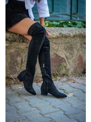 Ayakkabı Ateşi Siyah Süet Streç Tasarım Alçak Topuklu Kadın Ayakkabı Fiero