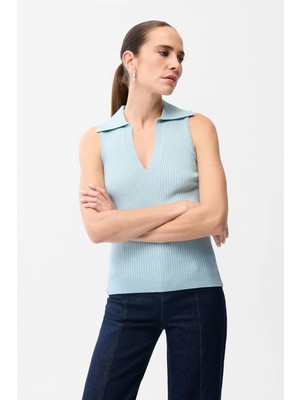 Adl Kolsuz Yakalı Triko Bluz Mavi 11546627000