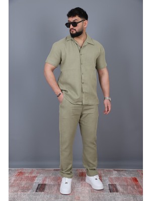 L-KOM Erkek Kısa Kollu Müslin Gömlek Pantolon Takım Pamuklu Yazlık Rahat Alt Üst Takım