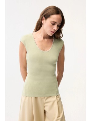 adL Yakası Inci Işemeli Triko Bluz Mint 11546114000