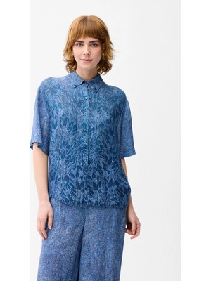 Love My Body Denim Görünümlü Desenli Kısa Kollu Gömlek Lacivert 130L9852000