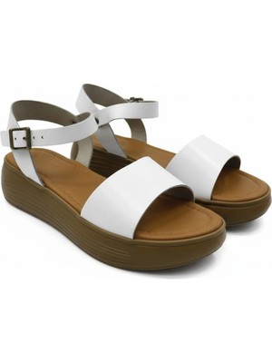 Efw %100 Hakiki Deri Beyaz Kadın Tek Bant Sandalet