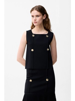 Adl Düğme Detaylı Triko Bluz Siyah 11546630000