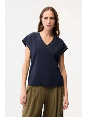 adL Yakası Taşlı T-Shirt Lacivert 17545242001