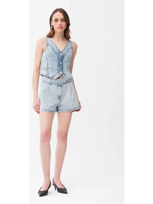 Adl Kemerli Denim Şort Mavi 17046587000