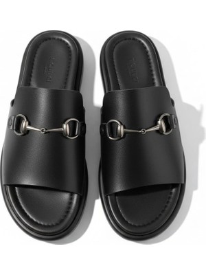 Efw %100 Hakiki Deri Siyah Kadın Günlük Terlik