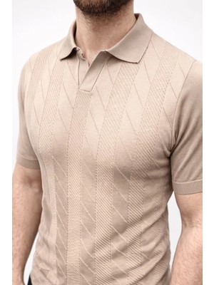 MidasTech Erkek Yazlık Triko Dokuma Tişört Kısa Kol Polo Yaka T-Shirt - Bej