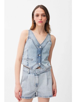 adL Önü Düğmeli Denim Yelek Mavi 17946576000