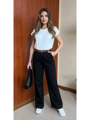 CGA Kadın Gabardin Pantolon Siyah Pantolon 66-10295 Beli Kemerli Bol Paça Licralı Gabardin Pantolon