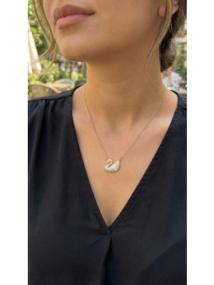 VeraGlobe Buğz 316L Çelik Zincir Altın Renk Zirkon Taşlı Kuğu Kolye - Buğz