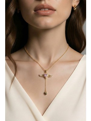 Lykos Çelik Gold Renk Kanatlı Kalp Model Zirkon Taş Detay Kadın Kolye