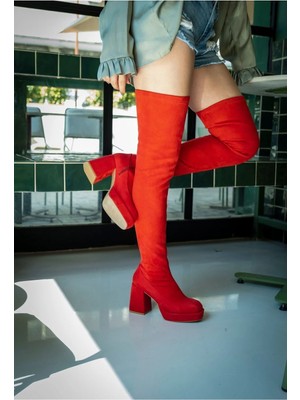 Ayakkabı Ateşi Kırmızı Süet Streç Tasarım Çift Platform Kadın Ayakkabı Emery