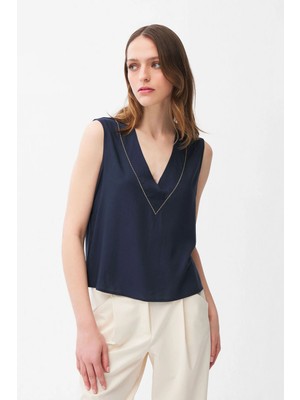 Adl Taş Detaylı Kolsuz Örme Bluz Lacivert 11545233002